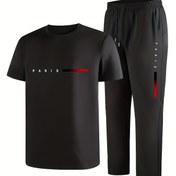 Resim Erkekler için rahat spor iki parçalı set Kısa kollu üst Düz Bacak Pantolon ile Paris Baskısı, Moda ve Trend, Yaz, Partiler, Rahat Gezintiler ve Günlük Giyim için İdeal, Günlük Giyim|Kısa Kollu Üst|Baskılı Pantolon 