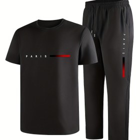 Resim Erkekler için rahat spor iki parçalı set Kısa kollu üst Düz Bacak Pantolon ile Paris Baskısı, Moda ve Trend, Yaz, Partiler, Rahat Gezintiler ve Günlük Giyim için İdeal, Günlük Giyim|Kısa Kollu Üst|Baskılı Pantolon 