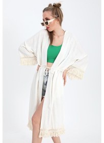 Resim Kimono Palmiye Baskılı Püsküllü - Ekru-ekru Ekru 