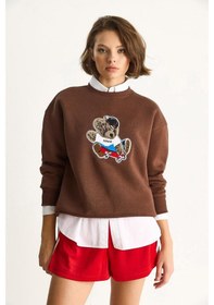 Resim Shade Kadın Teddy Nakış İşlemeli Bisiklet Yaka Salaş Sweatshirt 6864 60283522 - Kahverengi 