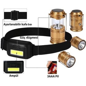 Resim Mercampoutdoor Güneş Enerjili Çok Fonksiyonlu Kamp Feneri + Kafa Bantlı Led Işık Ayarlanabilir Kafa Lambası Beyaz 