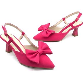 Resim Feles Kurdela Detaylı Arkası Açık Stiletto Kadın Topuklu Ayakkabı Fuşya 