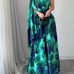 Resim Kadınlar İçin Şık Tek Omuzlu Tropikal Çiçek Desenli Maksi Elbise - Beli Vücuda Oturan, Esnek Etek ve Asimetrik Kenarlı Yaz Tatili, Plaj Partileri, Günlük Kullanım, Dış Mekan Kıyafeti, Gradyan Boyalı Kumaş, Kolay Bakımlı 