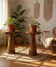 Resim ASELYA HOME Doğal Ahşap 2’li Set Mantar Yan Sehpa Modern Fiskos Zigon Çiçeklik 