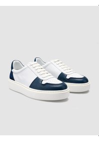 Resim Cabani %100 Hakiki Deri Beyaz - Mavi Bağcıklı Erkek Sneaker Beyaz 