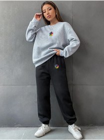 Resim LAND MODA Kadın Renki Çiçek Baskılı Sweatshirt Eşofman Alt Üst Takımı 