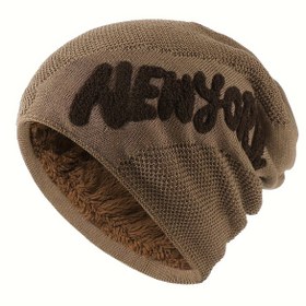 Resim Erkek ve Kadınlar için Polar Astarlı Termal Örgü Bere - NEW YORK Yazılı Kışlık Şapka, %100 Polyester, Spor Esnek Uyumlu, Elde Yıkama/Kuru Temizleme, Soğuk Hava Dış Mekan Kapası 