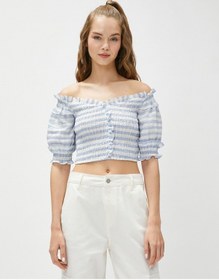 Resim Koton Crop Bluz Omzu Açık Fırfırlı Balon Kollu Gipeli Mavi Ekose 3sal60156ıw Mavi Ekoseli Mavi 