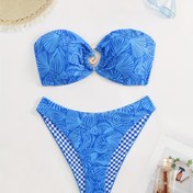 Resim Kadınların Mavi ve Beyaz Çiçek Desenli Bikini Seti, Omuz Üstü Tasarım, Bağcıklı Detay ve Metalik Aksesuarlar - Şık İki Parça Mayo, Plaj Tatilleri, Havuz Kenarı Kıyafeti | Plaid Desen | Yüksek Esneklikli Kumaş, Bikini Üst ve Alt 