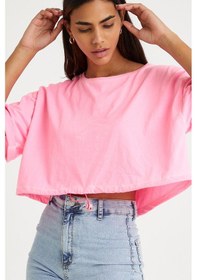 Resim Kadın Neon Yağ Yıkamalı T-shirt Pembe Yeşil 