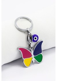 Resim El Yapımı Cam Nazar Boncuğu Metal Renkli Kelebek Anahtarlık, Hedi 