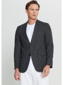 Resim Erkek Sıyah Keten Regular Fit Normal Kesim Mono Yaka Kapak Cepli Armürlü Blazer Ceket Siyah 