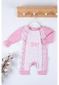 Resim Gofralı Fransız Güpürlü % 100 Pamuk Kız Bebek Tulumu Pembe 
