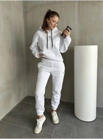 Resim asfamoda Kadın Beyaz Üç İplik Şardonlu Kapşonlu Sweat Eşortman Takımı 