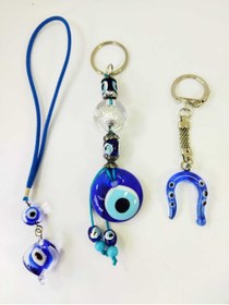 Resim cuaderno El Yapımı Cam Nazar Boncuğu Nal Anahtarlık+burgu Araba Dikiz Ayna Süsü Üçlü Set Hediyelik 