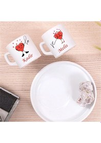 Resim Sevgililere Özel İsimli İkili Türk Kahvesi Fincanı Kalpli Tasarımlı Çift Kahve Fincanı Seti Beyaz 