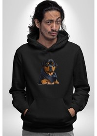 Resim Puppy Köpek Rottweiler Kadın Erkek Siyah Kapüşonlu Sweatshirt Hoodie Siyah 