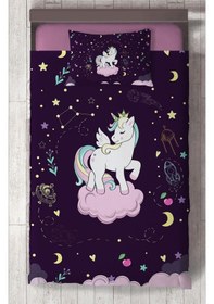 Resim Mekta Home Bebek Ve Çocuk Odası Pembe Bulut Üzerinde Unicorn Desenli Mor Yatak Örtüsü Renkli 