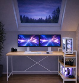 Resim Flinder Çam/Beyaz Çift Yön Kullanıma Uygun, Raflı Gaming Oyuncu Masası, Bilgisayar Masası, Çalışma Masası 