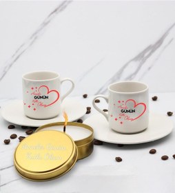 Resim Anneler Gününe Özel Baskılı 2'li Türk Kahve Fincanı & Metal Mum Hediye Seti Anneye Hediye T4 
