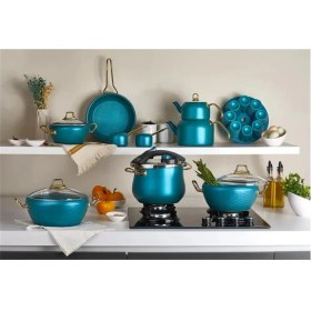 Resim OMS 3519 - 16 Parça - Bio Granit -Tencere, Tava, Düdüklü Tam Çeyiz Seti, Mentol Y. Gövde - Gold Detay 