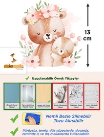 Resim Sevimli Anne ve Yavru Ayıcık Çiçekler Çocuk Odası Duvar Sticker - Priz Sticker - 12x13 cm / Renkli / Priz Sticker 