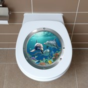 Resim 1 adet Su Altı Dünyası Tuvalet Kapağı Sticker'ı - Yunuslar ve Mercan Kayalığı ile Canlı Okyanus Manzarası, Kendinden Yapışkanlı Banyo Dekoru, İç Tasarım ve Dekorasyon için Tank Duvar Resmi 