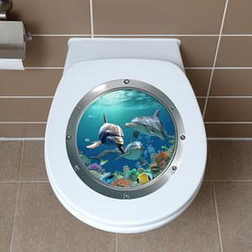 Resim 1 adet Su Altı Dünyası Tuvalet Kapağı Sticker'ı - Yunuslar ve Mercan Kayalığı ile Canlı Okyanus Manzarası, Kendinden Yapışkanlı Banyo Dekoru, İç Tasarım ve Dekorasyon için Tank Duvar Resmi 