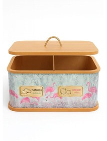 Resim Dekorasyaa 2 Bölmeli Patates Soğanlık - Bambu - Dikdörtgen Flamingo Desen Pembe 