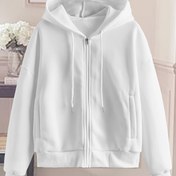 Resim Kadınlar İçin Şık Beyaz Fermuarlı Kapüşonlu Sweatshirt - Geometrik Desenli Rahat Polyester Sweatshirt, Makinede Yıkanabilir & Kuru Temizlemeye Uygun, İlkbahar/Yaz/Sonbahar İçin İdeal, Kapüşonlu Kazak 