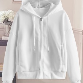 Resim Kadınlar İçin Şık Beyaz Fermuarlı Kapüşonlu Sweatshirt - Geometrik Desenli Rahat Polyester Sweatshirt, Makinede Yıkanabilir & Kuru Temizlemeye Uygun, İlkbahar/Yaz/Sonbahar İçin İdeal, Kapüşonlu Kazak 