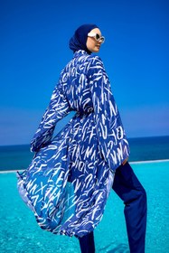 Resim A Andalus Lacivert Tam Boy Tül Pareo Kaftan RP2502 