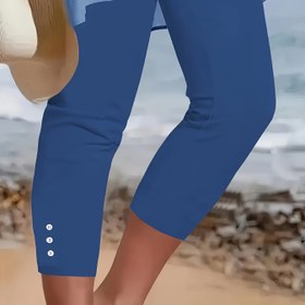 Resim Kadınlar İçin Şık Düz Renkli Capri Pantolon - Esnek Düğmeli Ön Tasarım, Makinede Yıkanabilir İlkbahar/Yaz Günlük ve Resmi Pantolonlar, Saydam Olmayan Kumaş 
