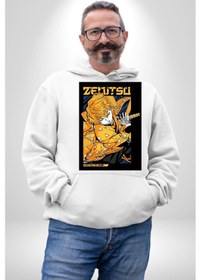 Resim Zenitsu Agatsuma Anime Kadın Erkek Beyaz Kapüşonlu Sweatshirt Hoodie Beyaz 