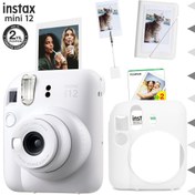 Resim Fujifilm Instax mini 12 Beyaz Fotoğraf Makinesi-20'li Film-Kıskaçlı Stand-Mini Albüm ve Silikon Kılıf Seti 