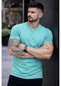 Resim Erkek Body Tişört Bisiklet Yaka Slim Fit Likralı T-shirt - Turkuvaz Turkuaz 