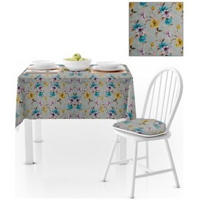 Resim Çiçek Desenli Hardal Mavi Dijital Baskılı Süet Dokuma Masa Örtüsü 140x260 