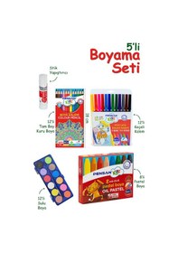 Resim 5'li Boyama Seti - Kuru Boya Seti Kuruboya, Suluboya, Keçeli Kalem , Pastel , Stick Yapıştırıcı Çok Renkli 