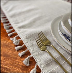 Resim Natural, %100 Organik Pamuklu, Kenar Püsküllü, Naturel Keten Runner 