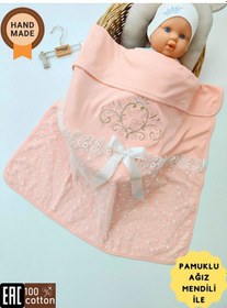 Resim Pembe Kız Bebek Battaniyesi %100 Pamuklu Şık Dantelli Nakışlı Doğal Organik Uyku Örtüsü Yenidoğan Somon 