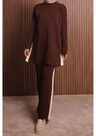 Resim Balenbi Kadın Oversize Düz Dokuma Yırtmaçlı Tesettür Triko Takım 1136 Kahverengi 