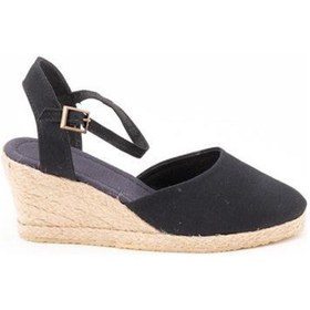 Resim Gerçek Elişi Topuğu Açık Bilekten Bantlı Dolgu Topuk Siyah Keten Hasır Espadril Handmade Siyah 