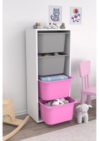 Resim Cara 4 Derin Sepetli Çok Amaçlı Oyuncak Dolabı Pembe Gri Beyaz - Pembe 