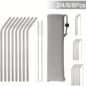 Resim 2/4/6/8 Parça Gümüş Paslanmaz Çelik Pipet Seti - Kahve, Süt ve Içecekler ihtiyacına uygun Düz & Eğimli Tube 