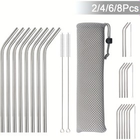 Resim 2/4/6/8 Parça Gümüş Paslanmaz Çelik Pipet Seti - Kahve, Süt ve Içecekler ihtiyacına uygun Düz & Eğimli Tube 
