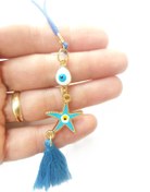 Resim cuaderno Mavi Deniz Yıldızı Nazar Boncuğu Gold Metal Araba Dikiz Ayna Süsü Hediyelik Aksesuar 