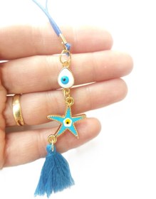 Resim cuaderno Mavi Deniz Yıldızı Nazar Boncuğu Gold Metal Araba Dikiz Ayna Süsü Hediyelik Aksesuar 