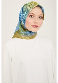 Resim Armine Soft Yeşil-mavi Çizgili Desen Tivil İpek Eşarp 9143-05 