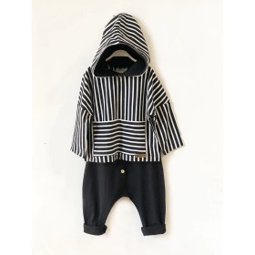 Resim Catz Kids Siyah Penye Harem + Siyah Beyaz Çizgili Kapüşonlu Sweat 