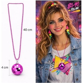 Resim Cosmotex Retro Disko Topu Şekilli 80&amp 39 Ler 90&amp 39 Lar Fuşya Pembe Renk Plastik Kolye 